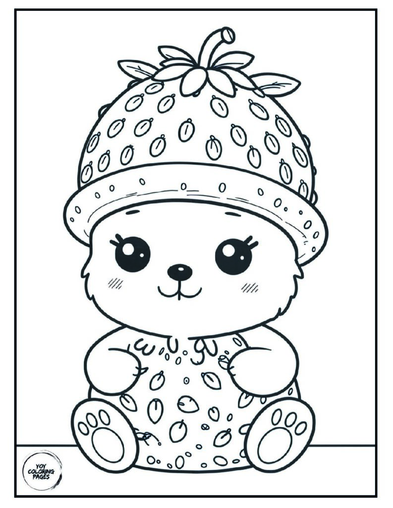 Adorable Kawaii Bear with Strawberry Hat Coloring Sheet pdf