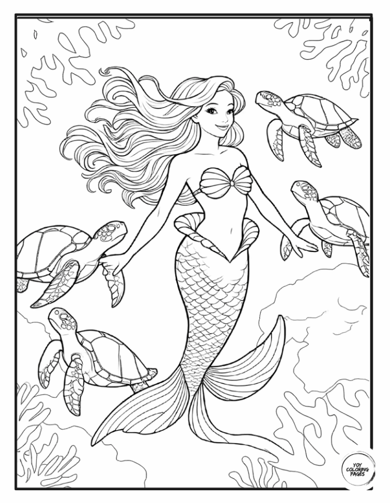 Beautiful Mermaid with Sea Turtles Coloring Sheet1