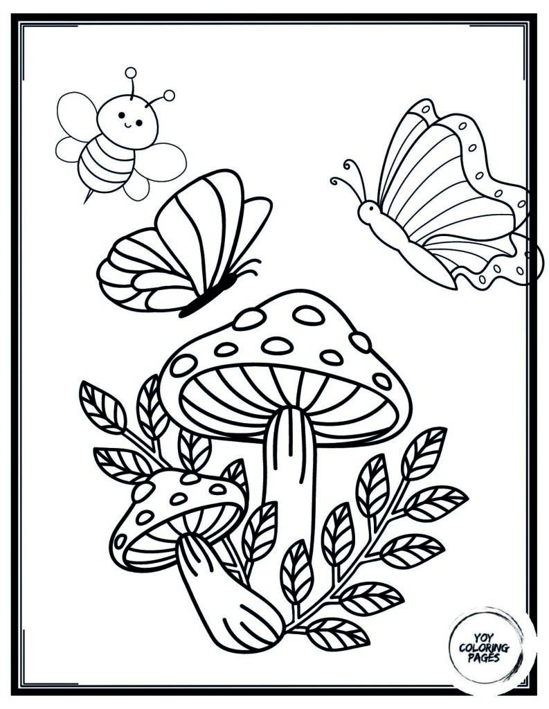 Butterflies and Mushrooms Coloring Page pdf