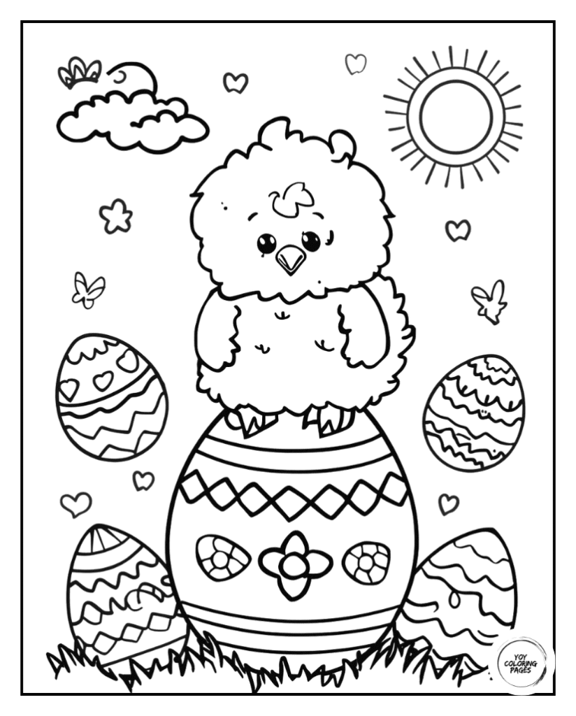 Chick Sitting on Pretty Easter Egg Coloring Sheet for kids