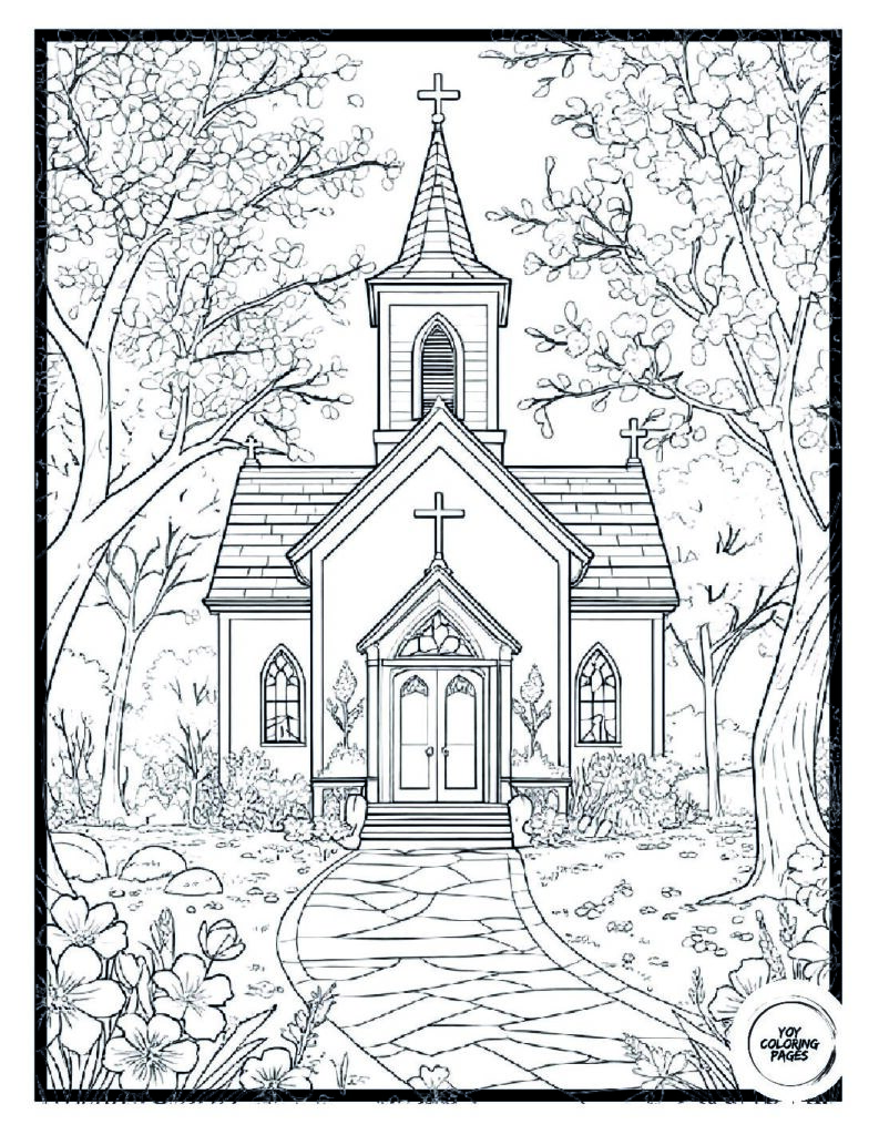 Church in Spring Coloring Page 1 pdf