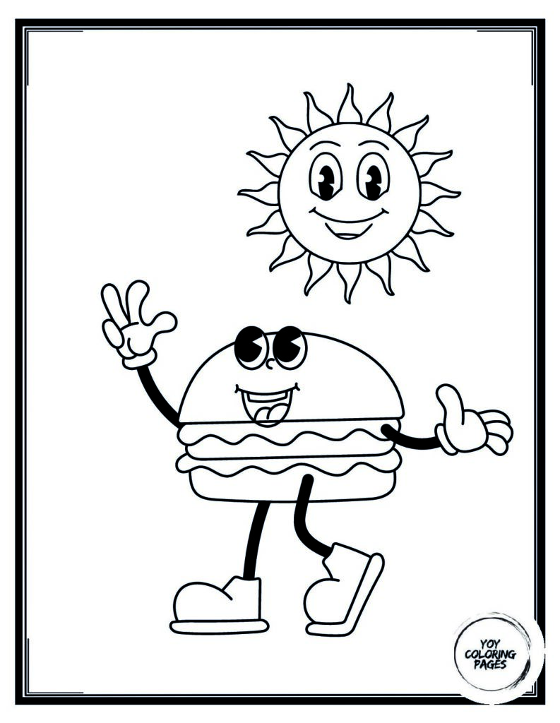 Cool Retro Burger with Sunglasses in cloud and sunColoring Page 1 pdf
