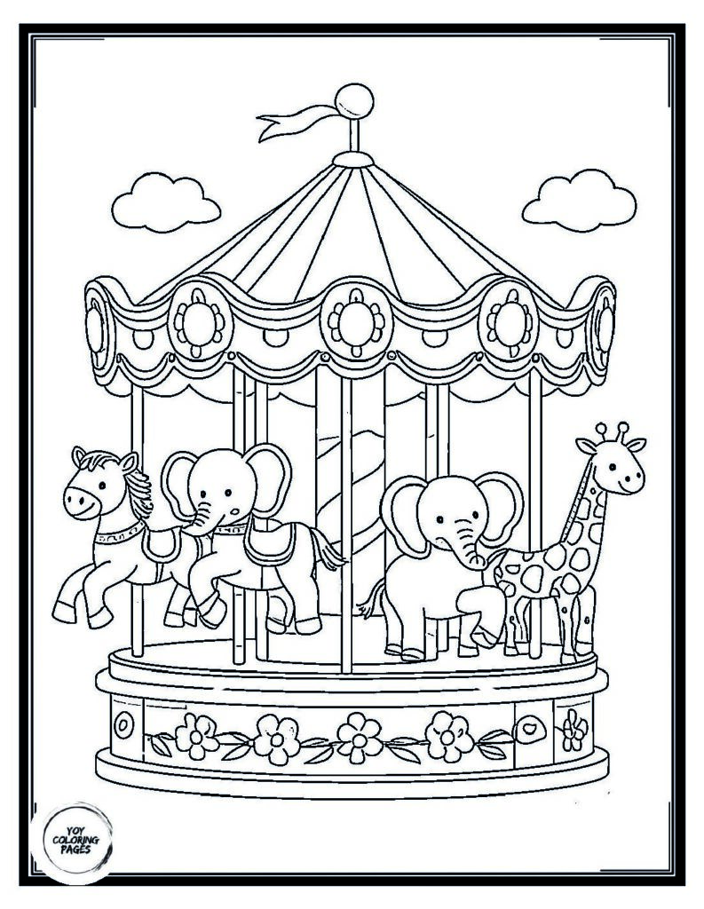 Cute Animal Carousel Coloring Page 1 pdf