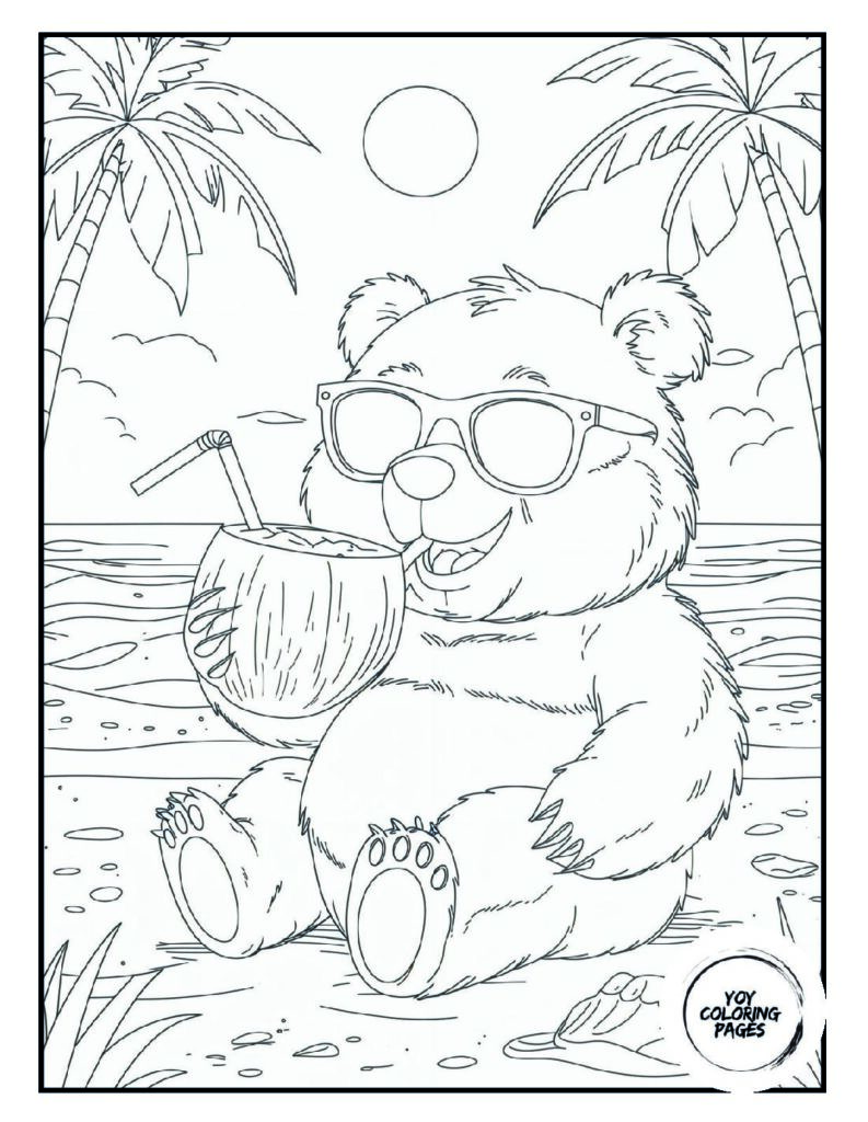 Cute Beach Bear with Coconut Drink Coloring Page for Kids 1 pdf
