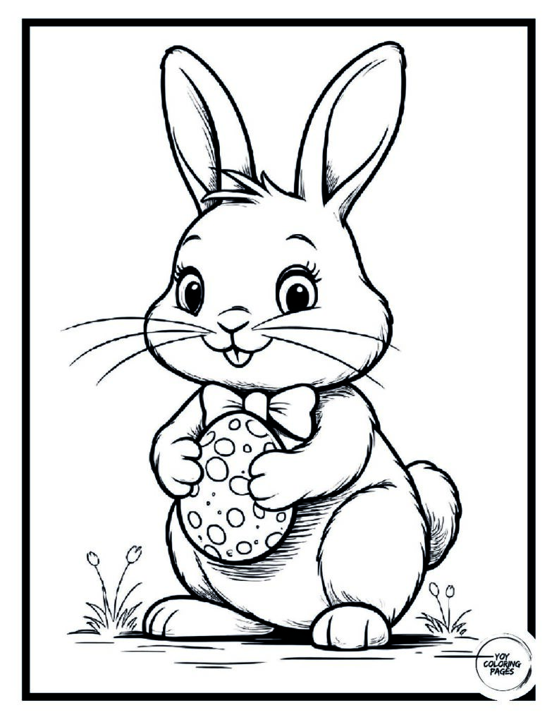 Cute Bunny Holding Egg with Bow Coloring Page pdf