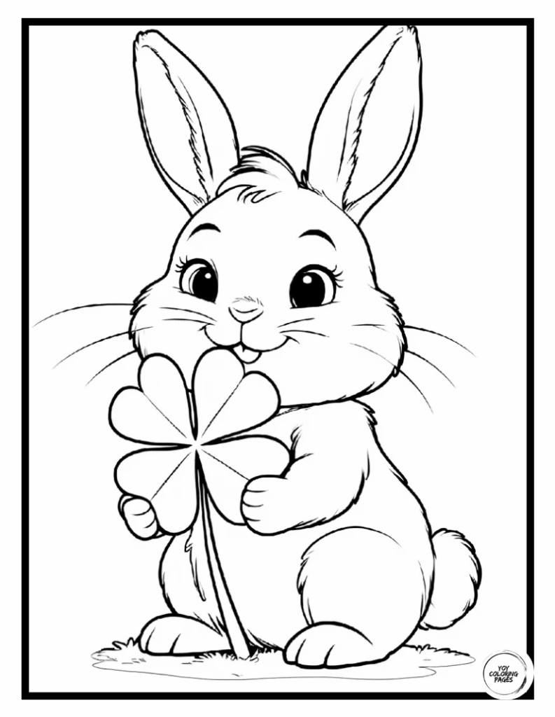 Cute Bunny Holds Four Leaf Clover Coloring Page