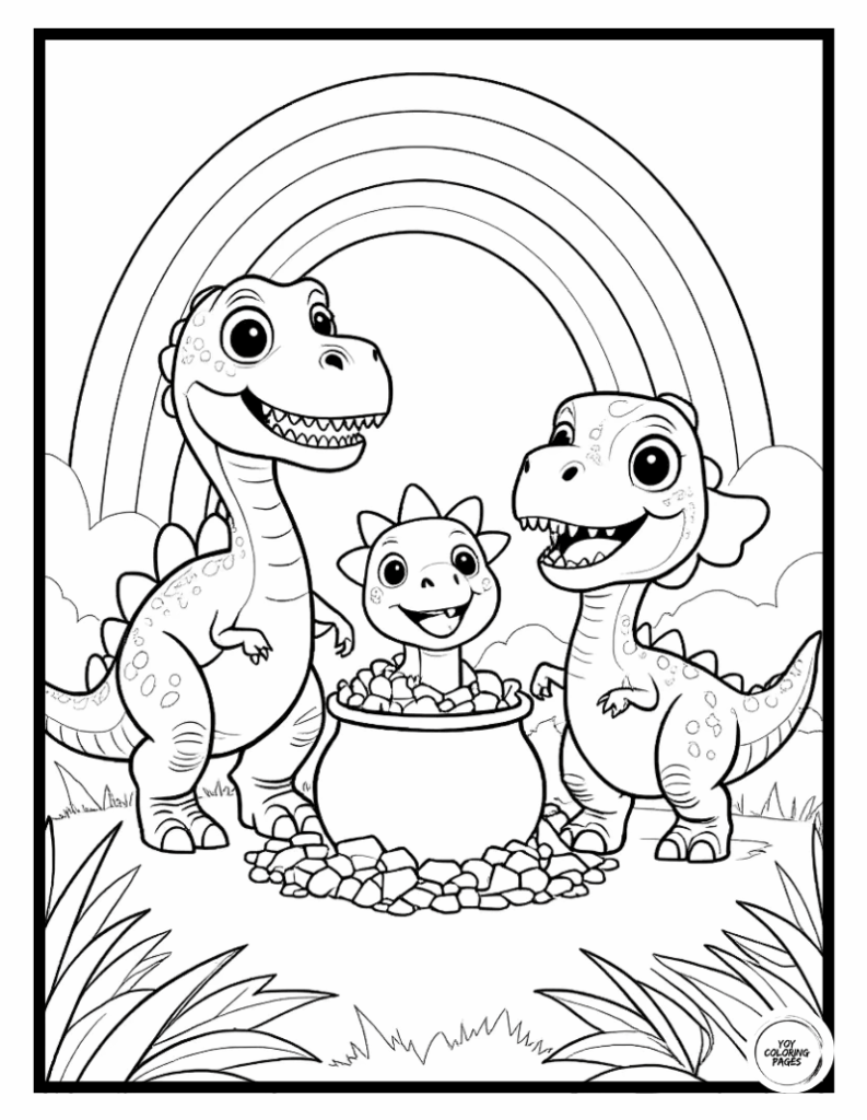 Cute Dinosaurs Find Pot of Gold Coloring Page