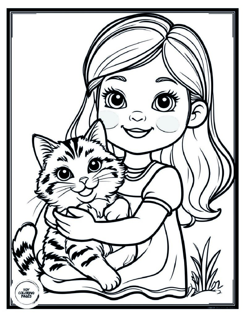 Cute Girl Holding Cat Coloring Page pdf