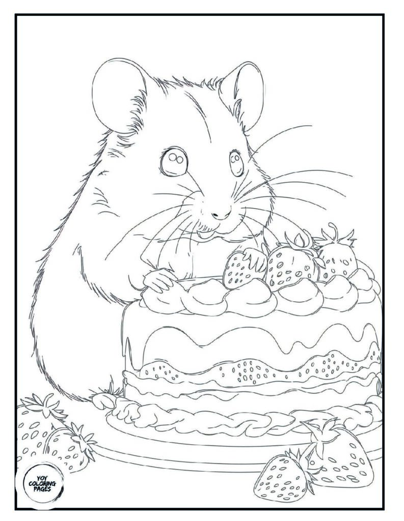 Cute Hamster and Strawberry Cake Coloring Page pdf