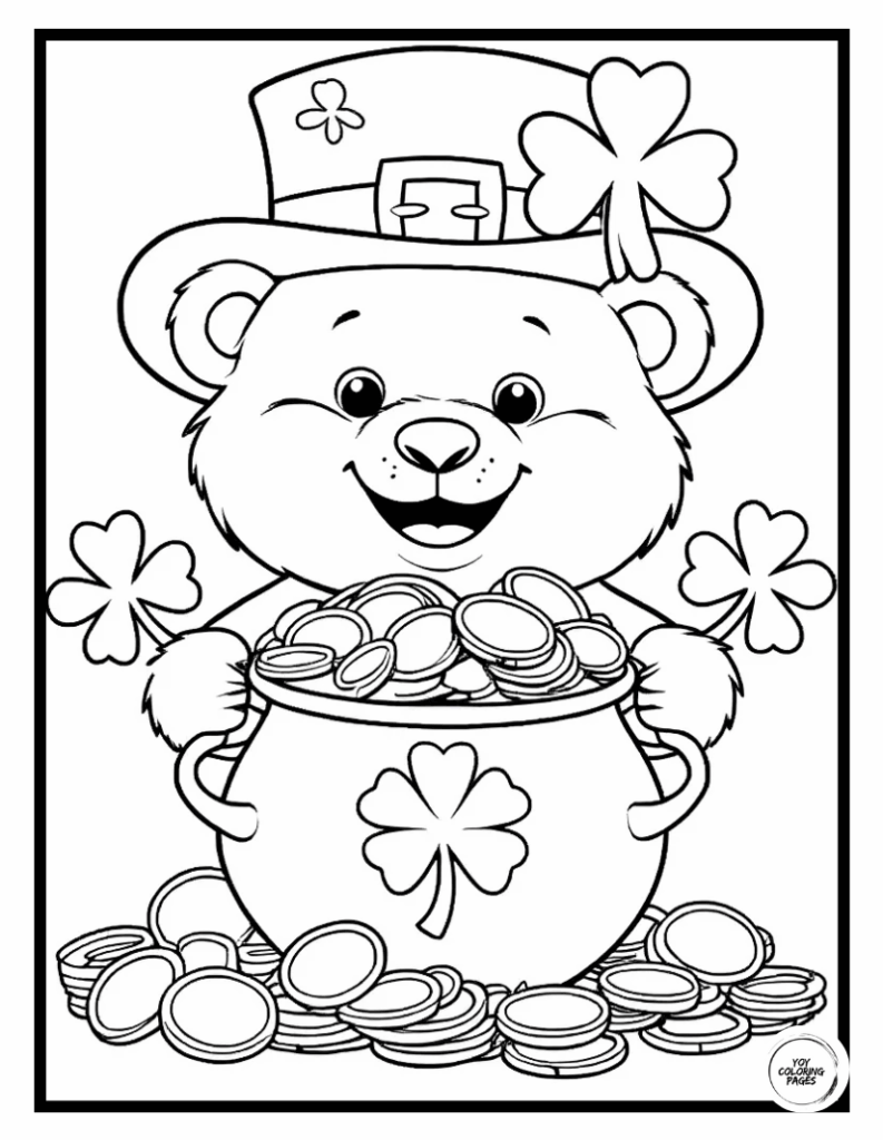 Cute Irish Bear with Pot of Gold Coloring Page for Kids2 1