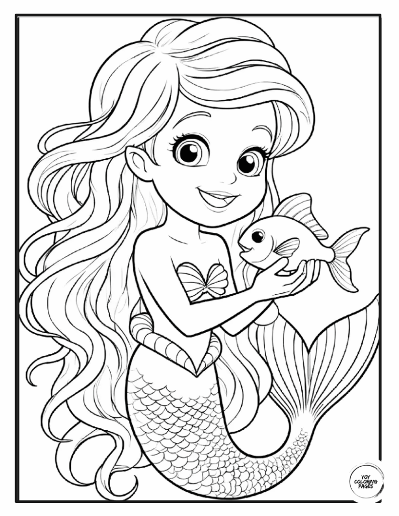 Cute Mermaid Holding Fish Coloring Page2