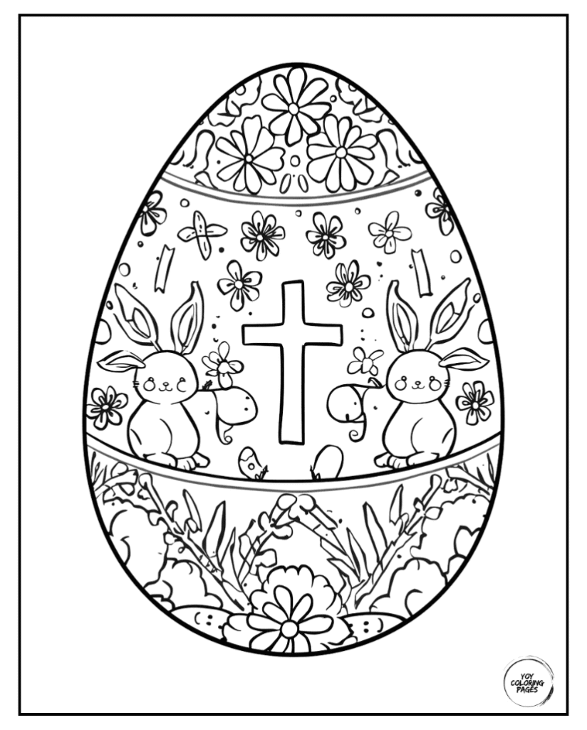 Doodle Easter Egg with Bunnies, Crosses, and Flowers Coloring Page for kids