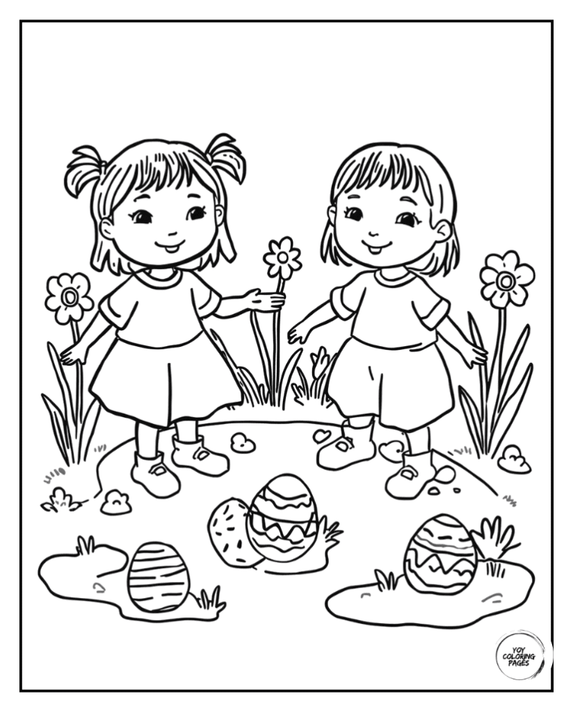Easter Egg Hunt in Garden Coloring Sheet for kids