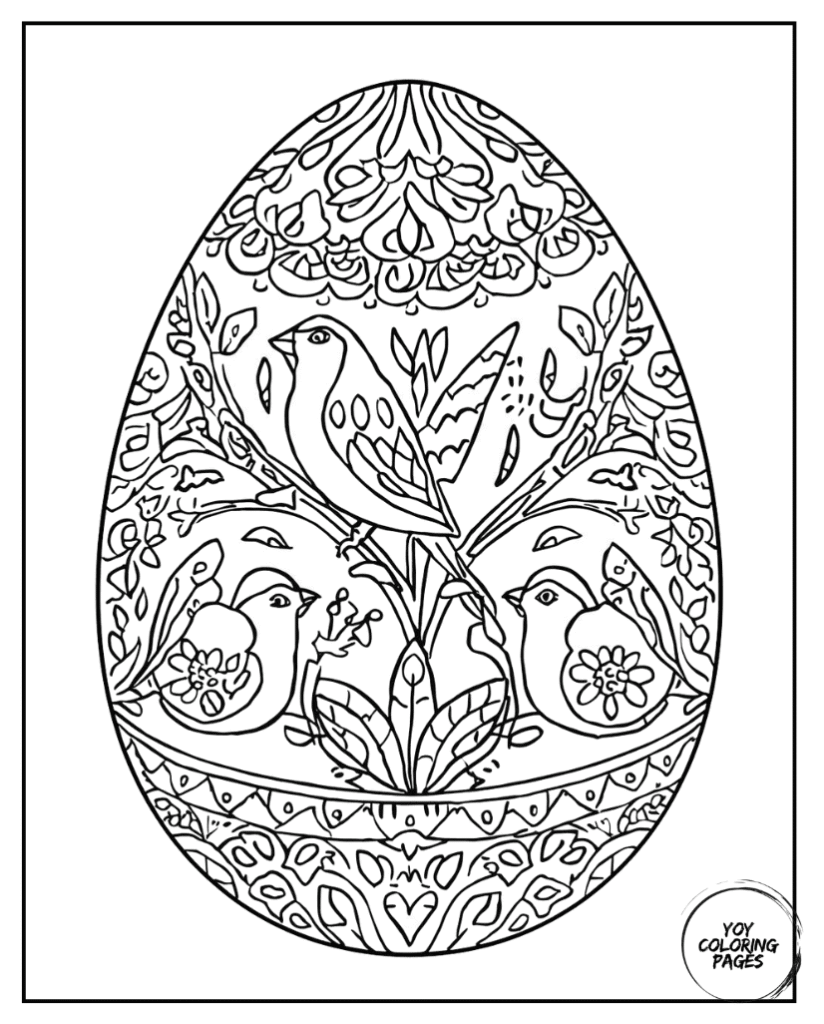 Folk Art Easter Egg with Birds Coloring Page