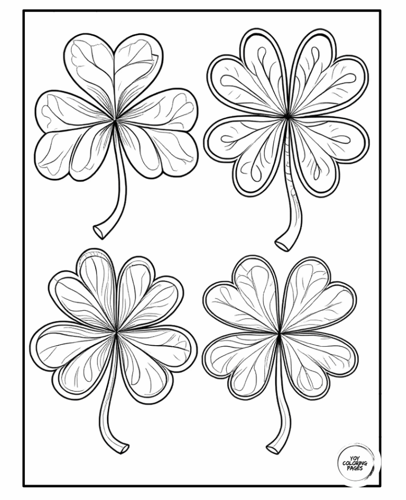Four leaf clovers and shamrocks coloring pages