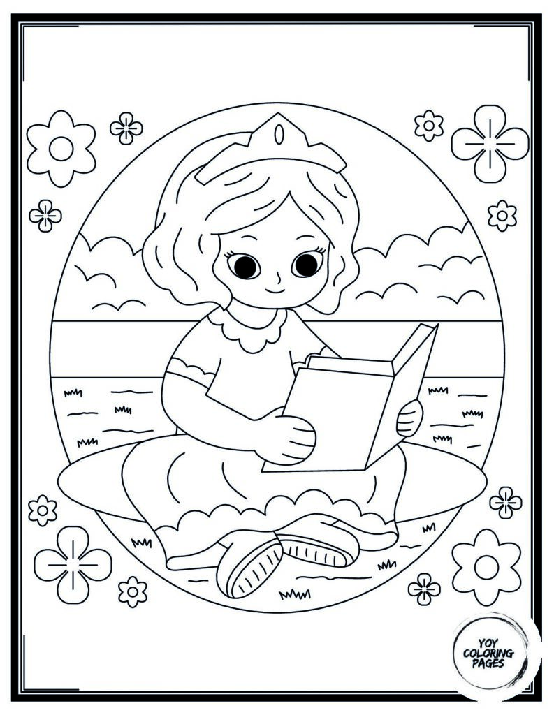 Girl Reads Book Surrounded by Butterflies in the Garden Coloring Page 1 pdf