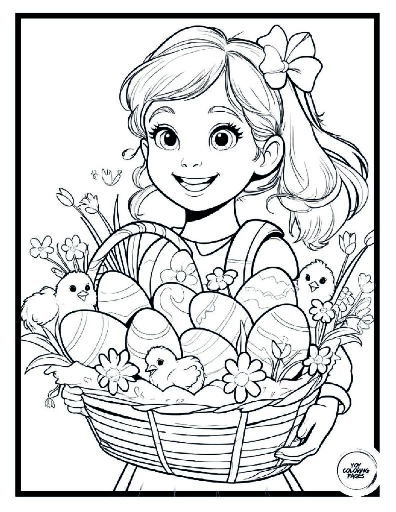 Girl with Easter Basket Coloring Page pdf