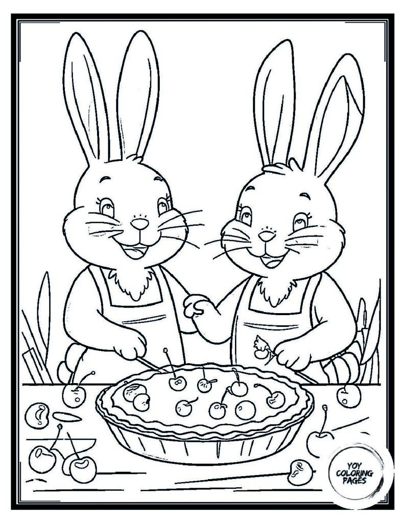 Happy Bunnies Making Cherry Pie cake Coloring Sheet pdf