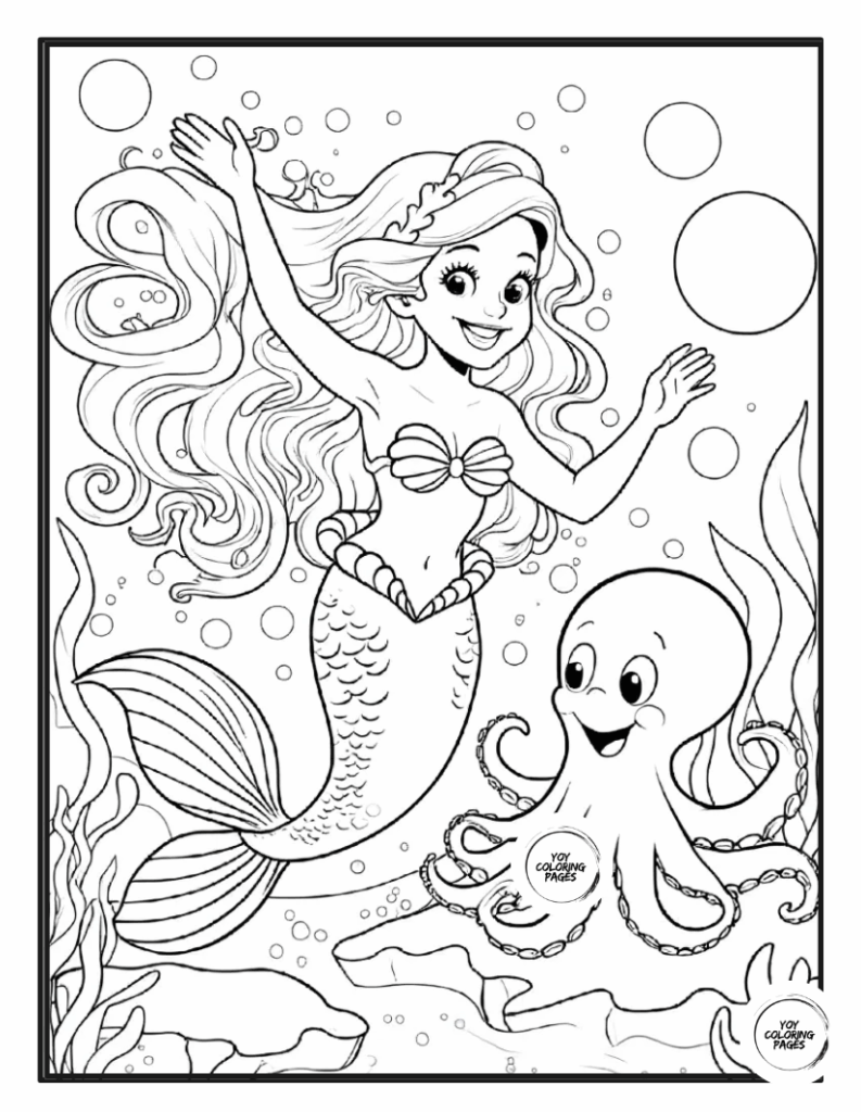 Happy Mermaid Dancing with Octopus Coloring Page2