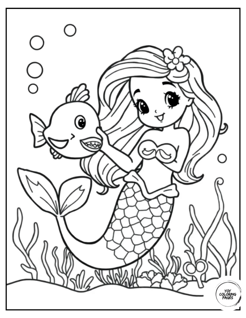 Happy Mermaid with Fish Coloring Pages for kids1