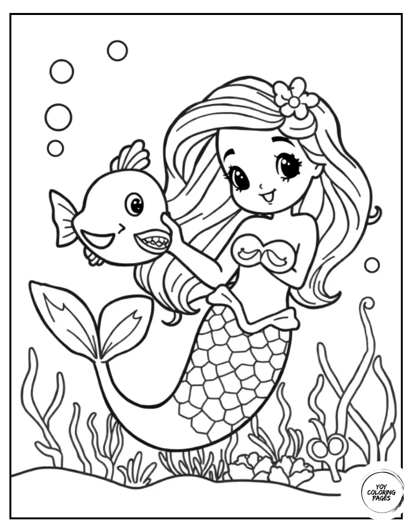 Happy Mermaid with Fish Coloring Pages for kids1