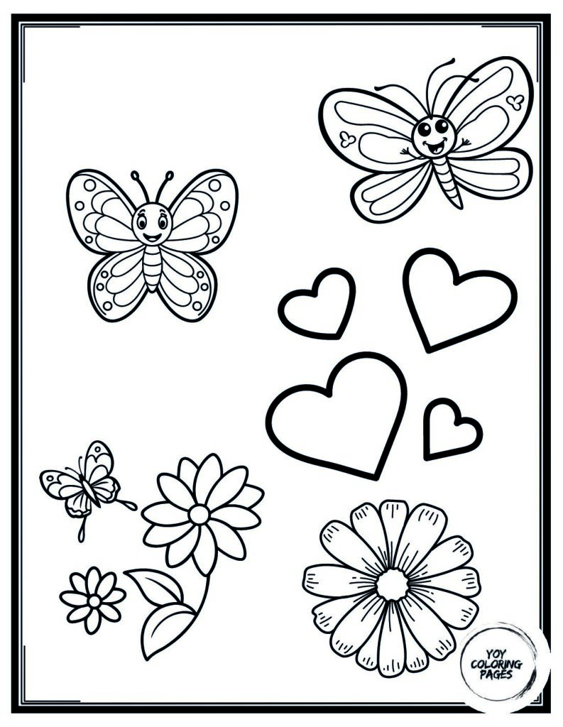 Hearts and Pretty Flowers with Butterflies Coloring Page pdf
