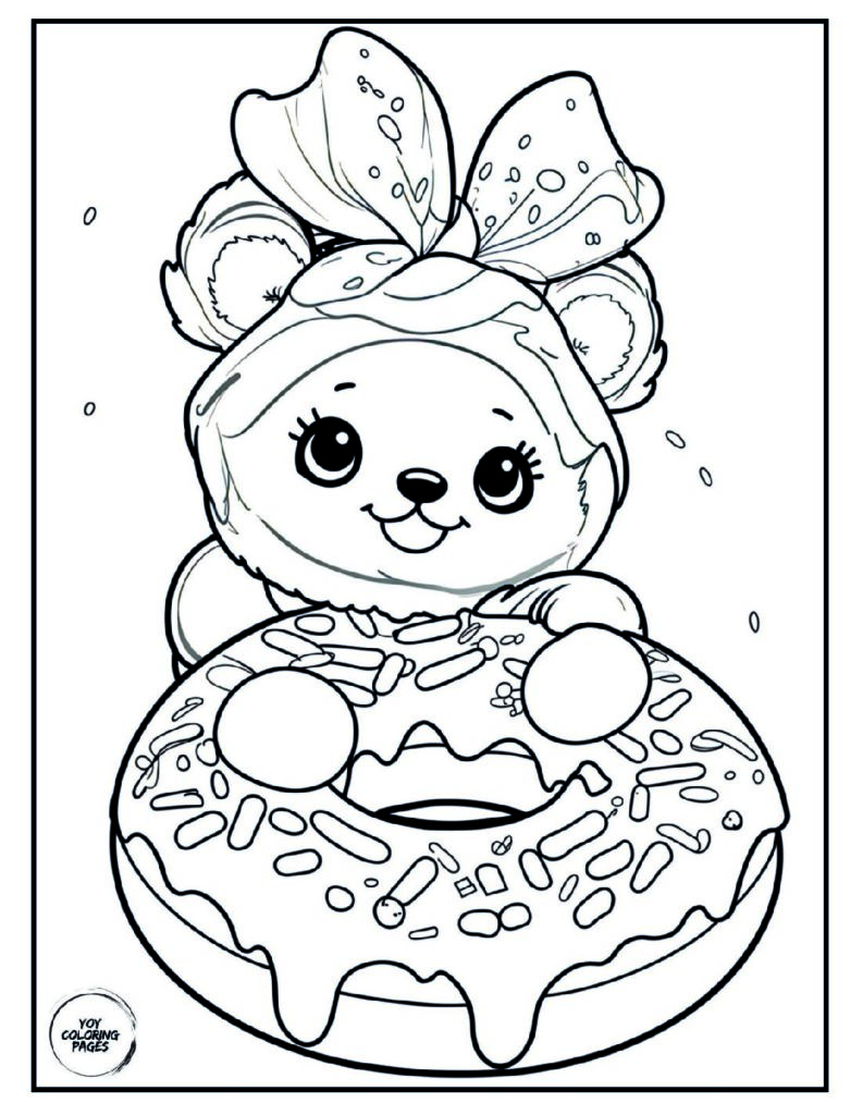 Kawaii Bear in Donut Coloring Page for Kids pdf