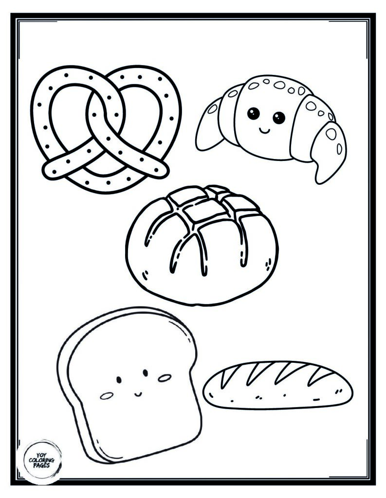 Kawaii Bread Coloring Sheet with Pretzels Croissants and Buns 1 pdf