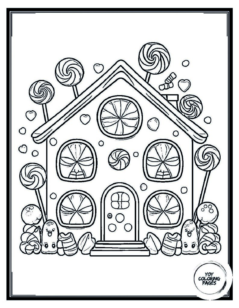 Kawaii Candy House with Lollipops and Sweets Coloring Sheet pdf