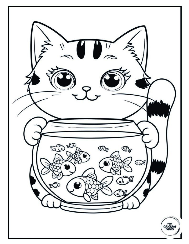Kawaii Cat Holding Fishbowl Coloring Sheet for Kids 1 pdf
