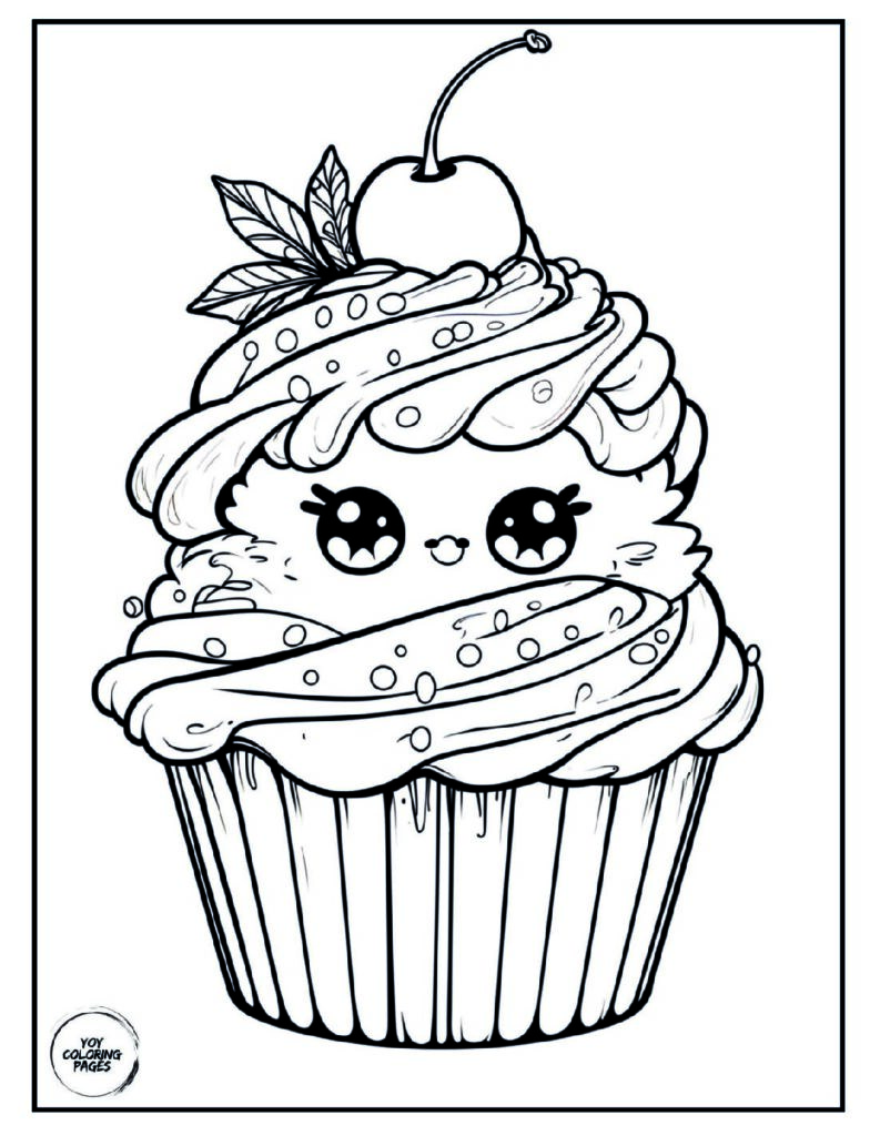 Kawaii Cupcake with Cherry Coloring Page pdf