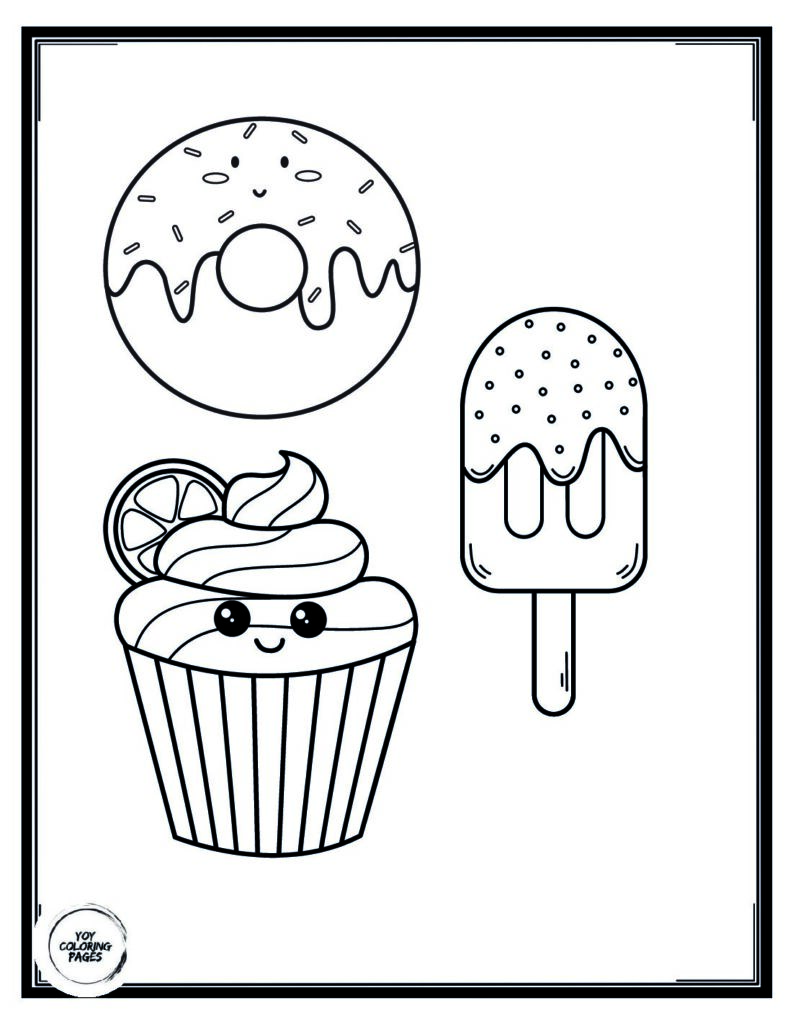 Kawaii Desserts Coloring Page with Cake Doughnuts and Popsicles 1 pdf