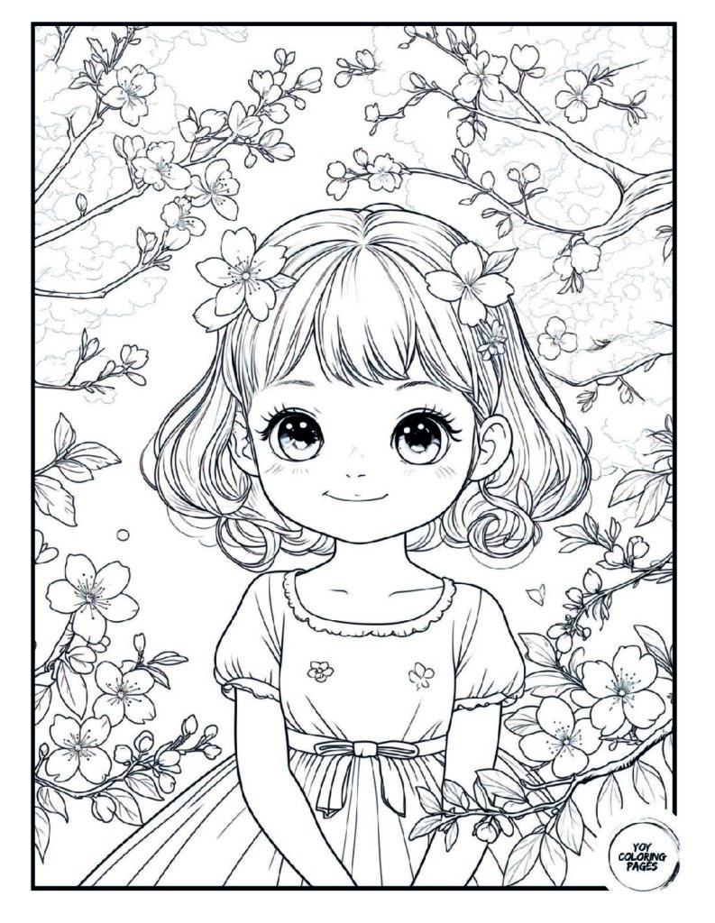 Kawaii Girl in Cherry Blossom Garden Coloring Page pdf