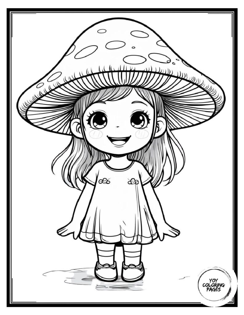 Kawaii Girl with Mushroom Hat Coloring Page pdf