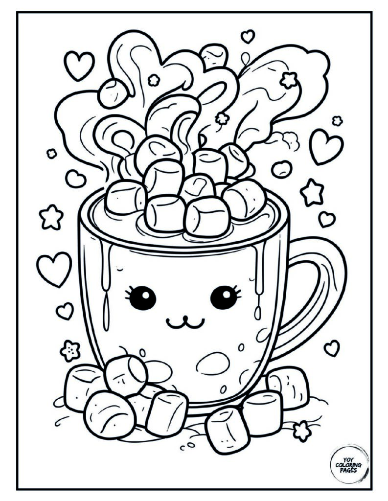 Kawaii Hot Chocolate with Marshmallows Coloring Sheet pdf