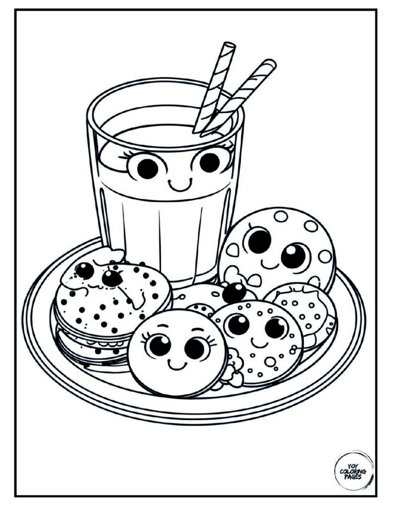 Kawaii Milk and Cookies Coloring Page pdf