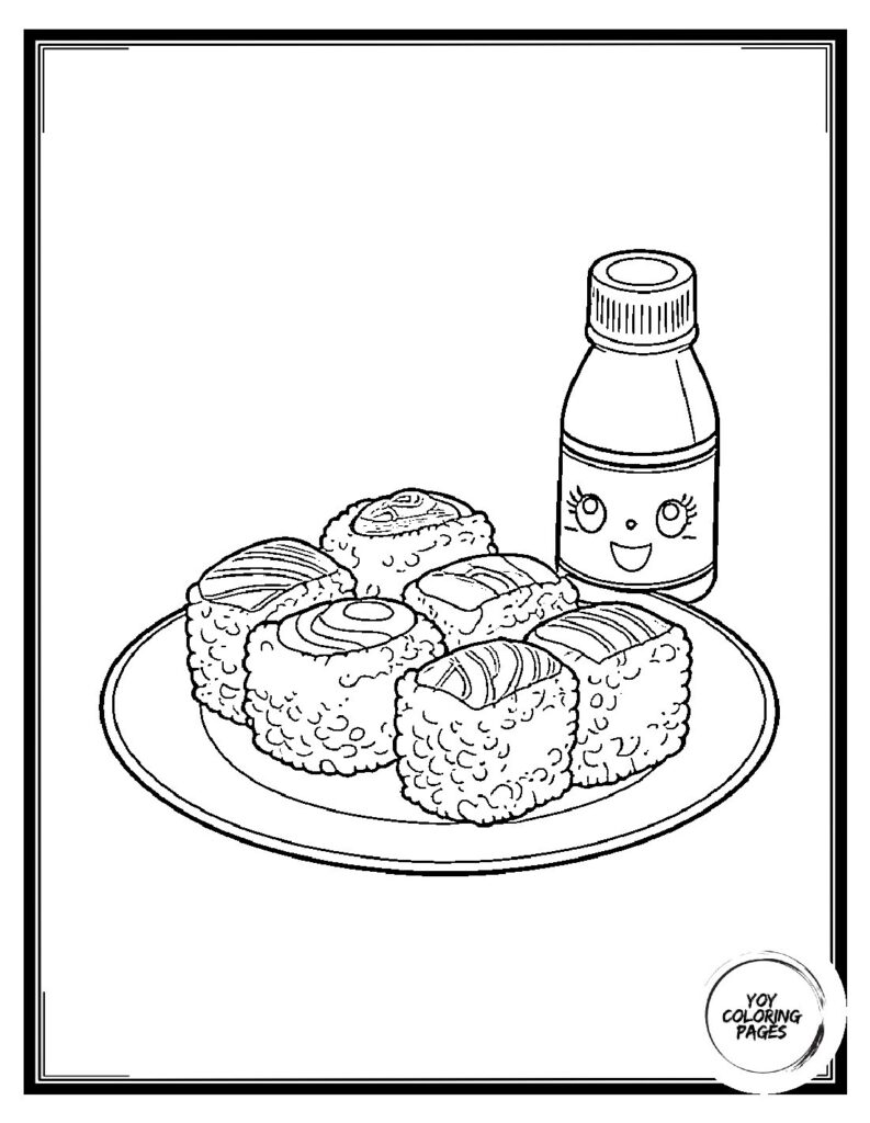 Kawaii Sushi and Soy Sauce bottle Coloring Page pdf