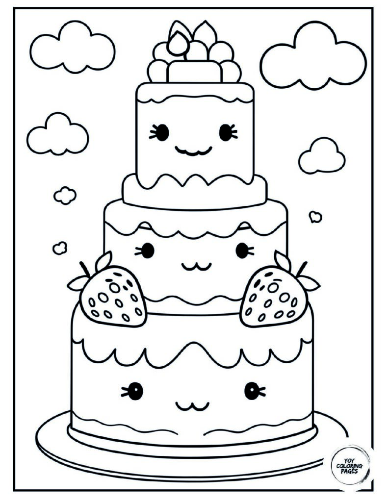 Kawaii Three Tiered Cake Coloring Page pdf