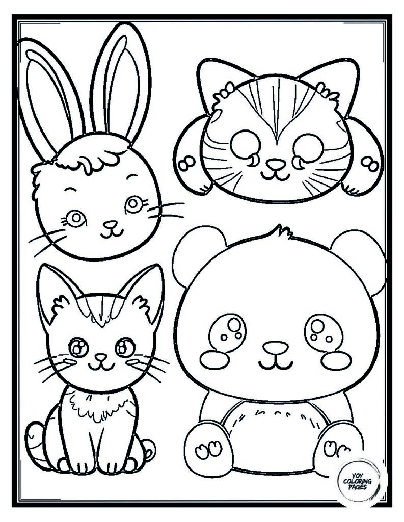 Kawaii animals bunnies cats pandas Coloring Page pdf