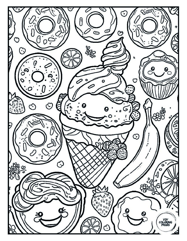 Kawaii happy food donuts ice cream fruits Coloring Page pdf