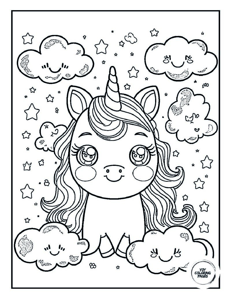 Kawaii magical creature unicorn clouds stars Coloring pdf