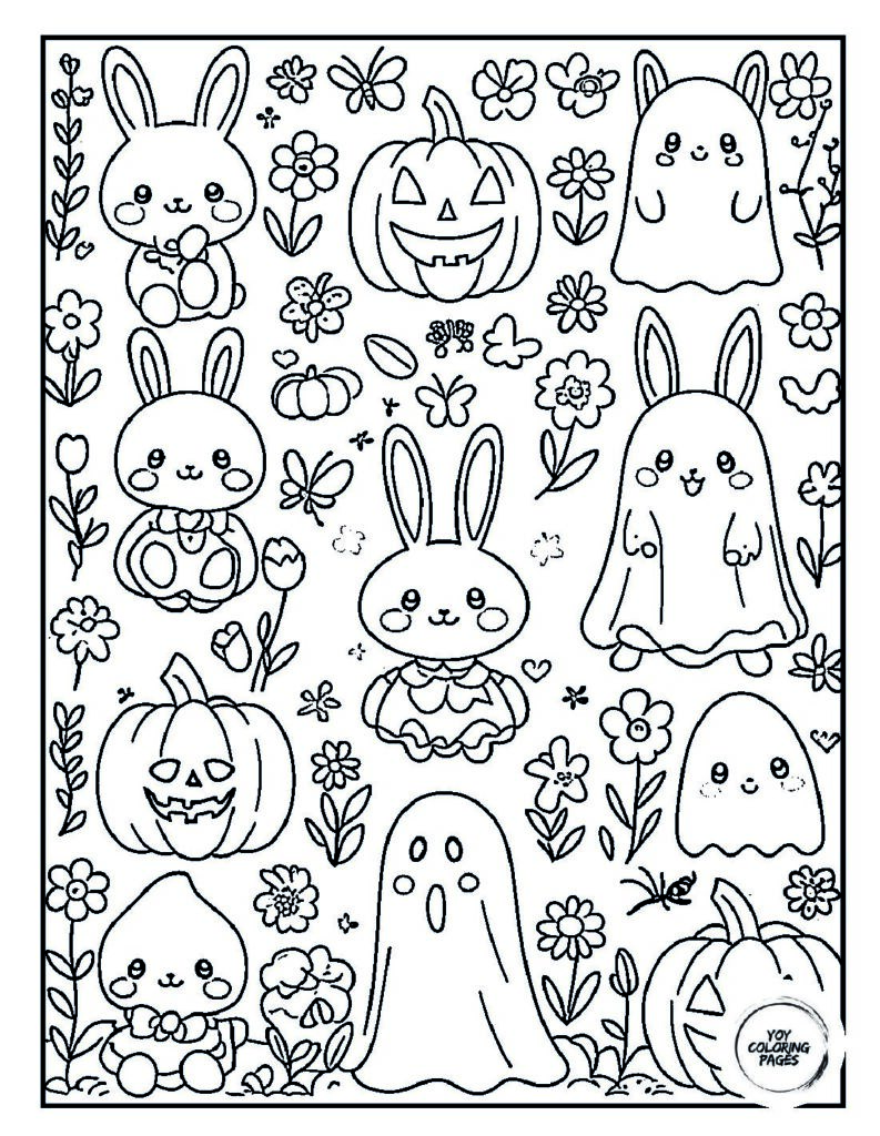 Kawaii seasonal collection like spring Halloween Coloring Page pdf