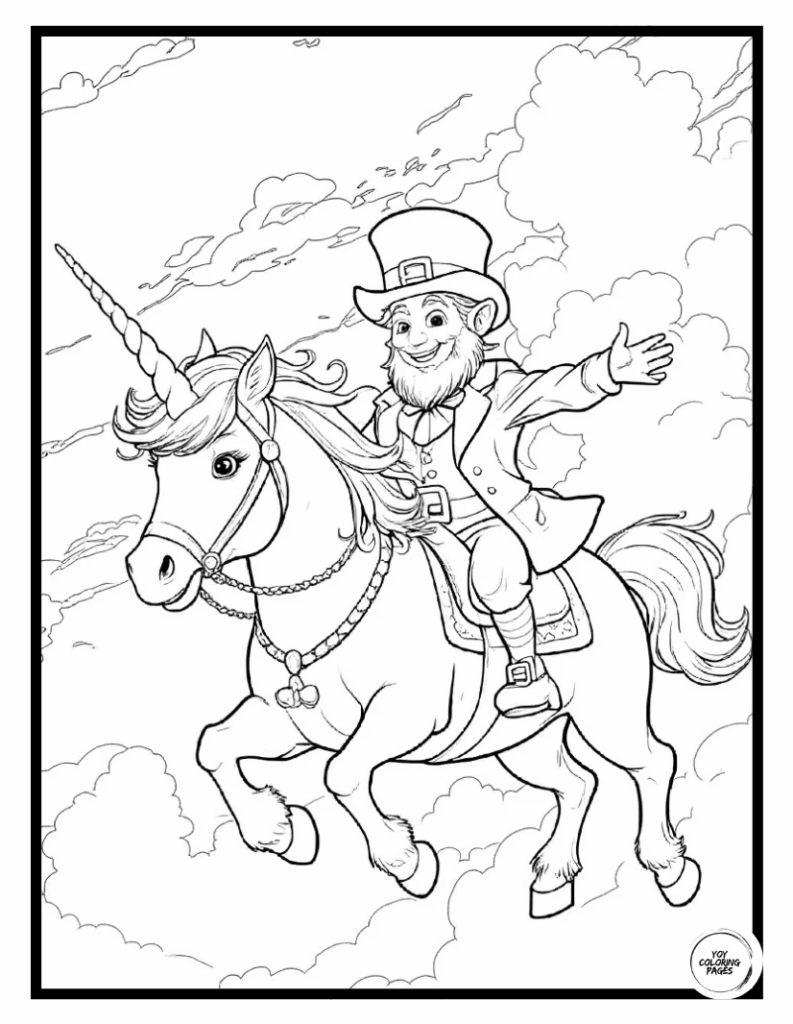 Leprechaun Riding Magical Unicorn in the Sky Coloring Sheet