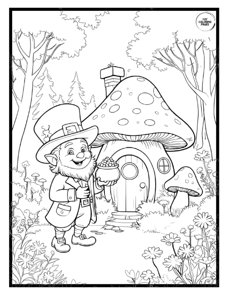 Leprechaun Visits Mushroom House in the Woods Coloring Page