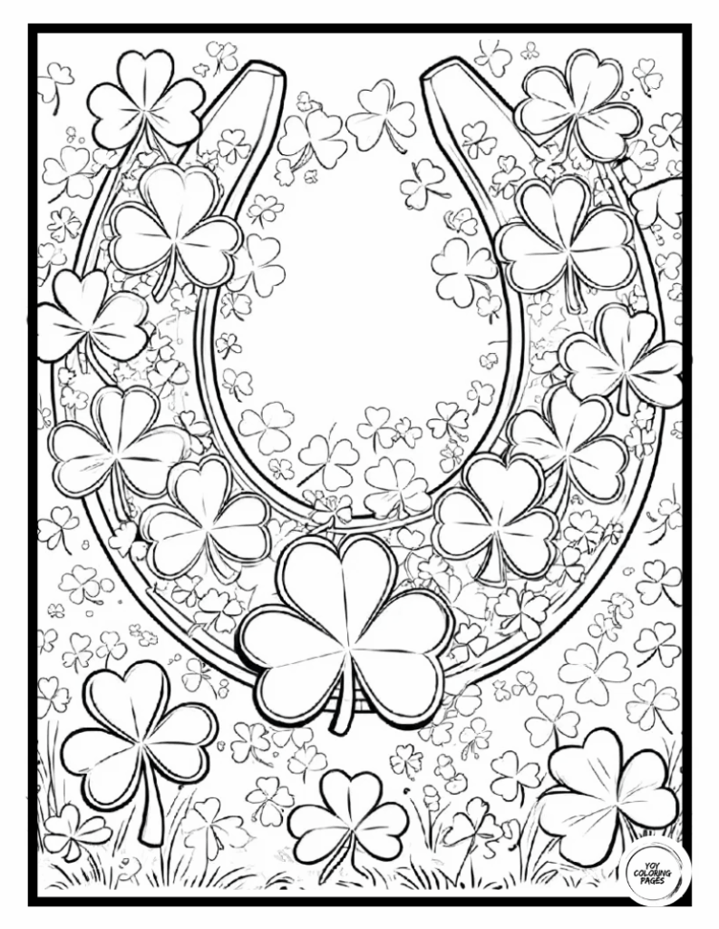 Lucky Horseshoe with Shamrocks Coloring Page