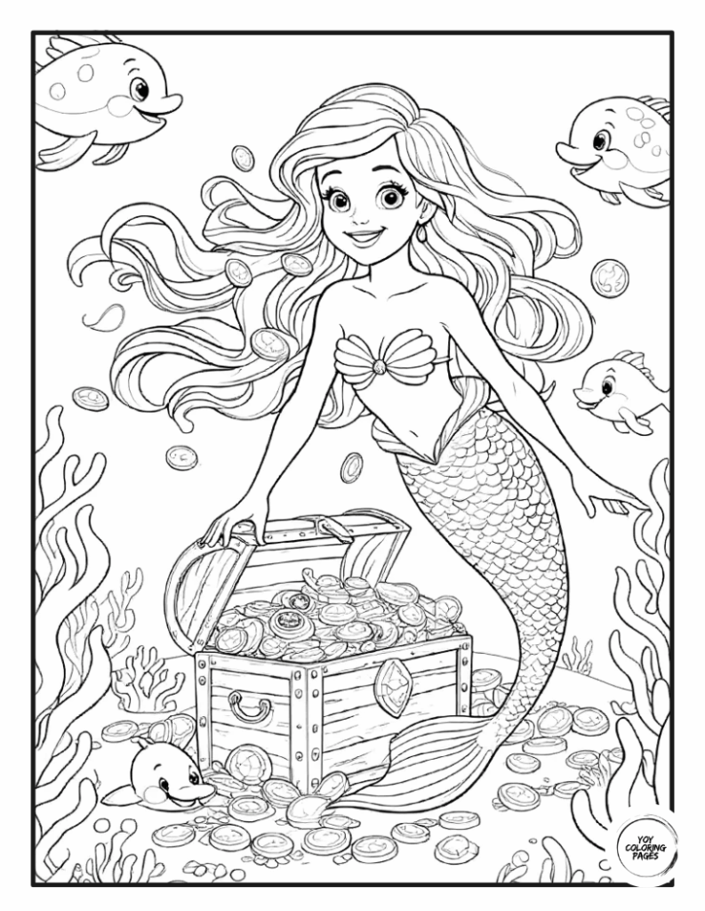 Mermaid Discovers Sunken Treasure Coloring Page2