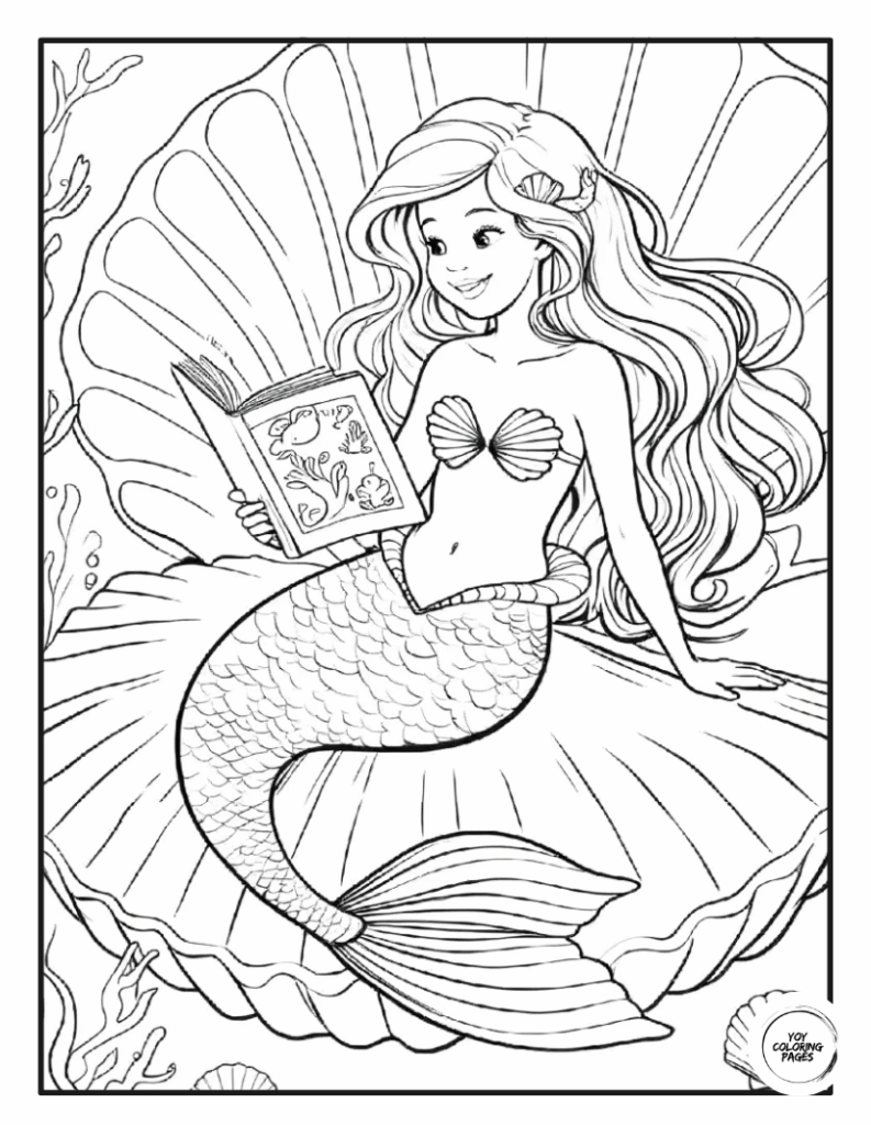 Mermaid on Seashell Bed Reading Book Coloring Page1