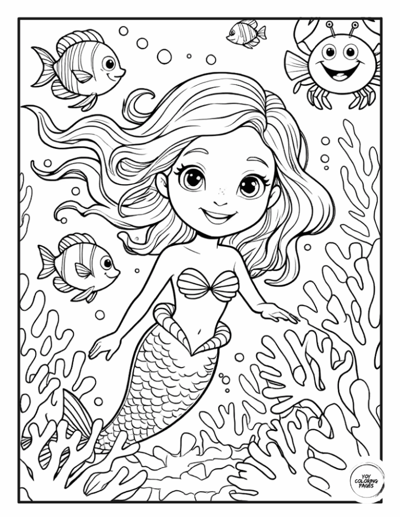 Mermaid with Tropical Fish and Crab in Coral Reef Coloring pages 1