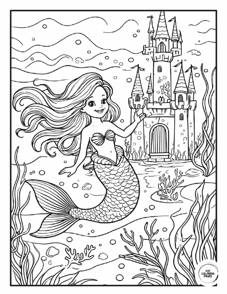 Mermaid with Underwater Castle Coloring Page for Kids 1
