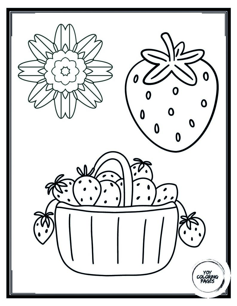 Pretty Basket of Strawberries with Flowers Coloring Sheet 1 pdf